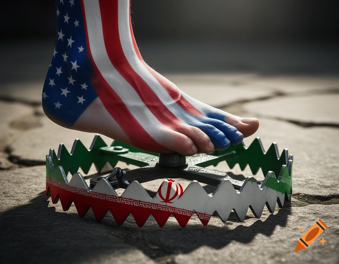 A bare foot painted with the American flag is about to step on a bear trap painted with the Iranian flag, on cracked ground.