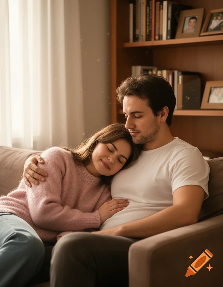 A photorealistic image of a man and woman cuddling on a couch in a cozy living room, the woman's head resting on the man's shoulder.