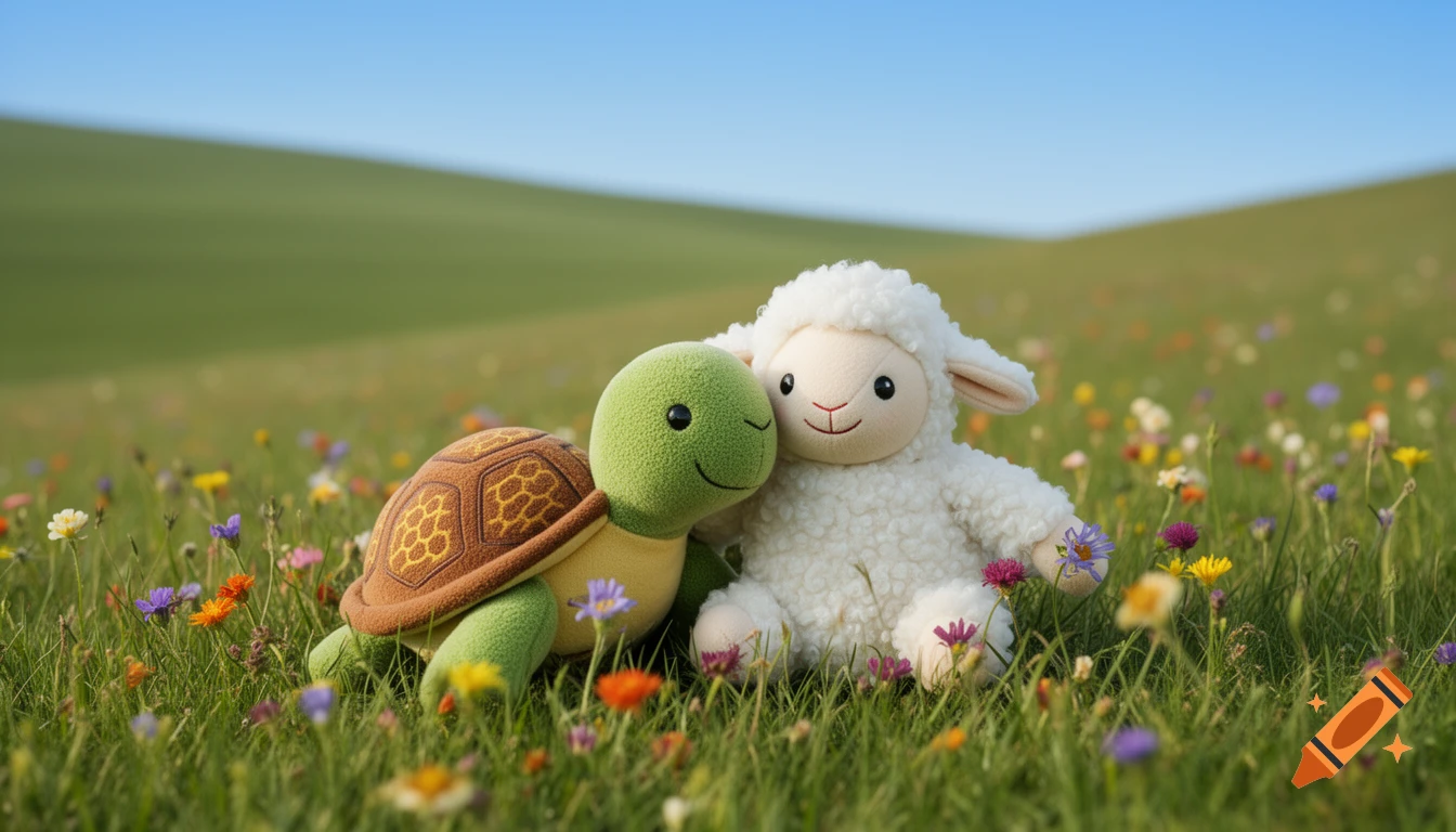 A green turtle plushie hugging a white lamb plushie in a vibrant field of wildflowers under a clear blue sky.