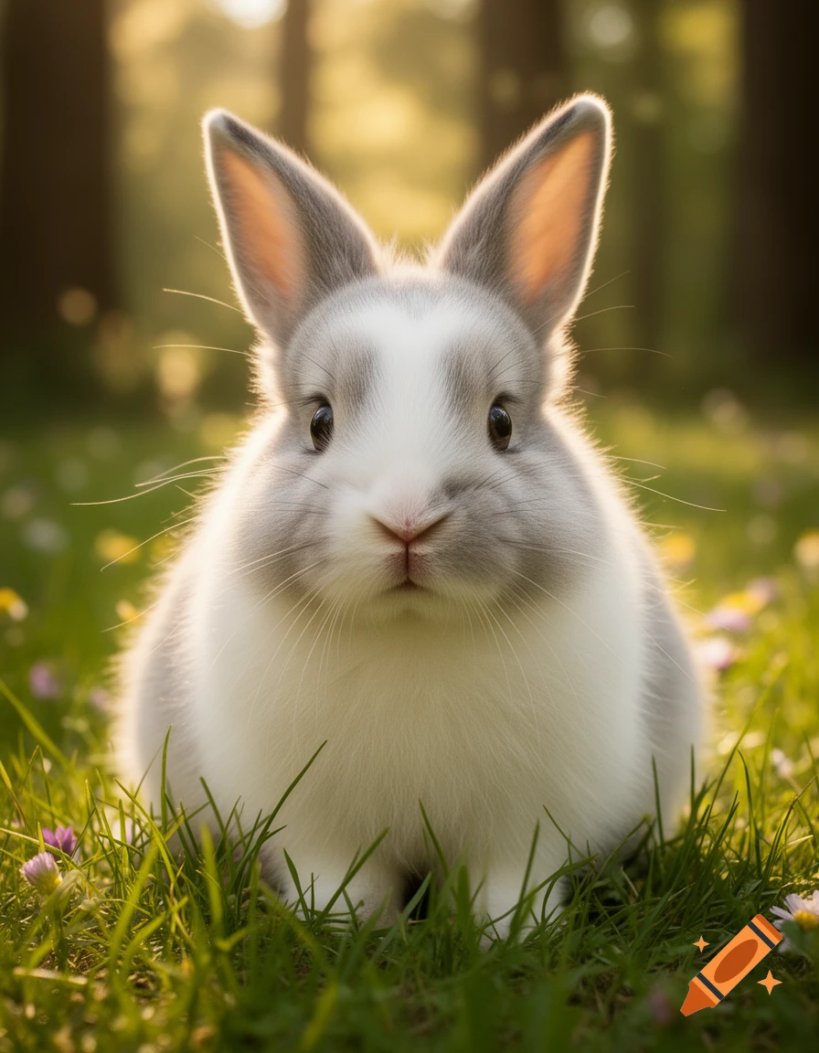 A fluffy white and grey rabbit sits in sunny green grass with small flowers, backlit by soft light from blurred trees.
