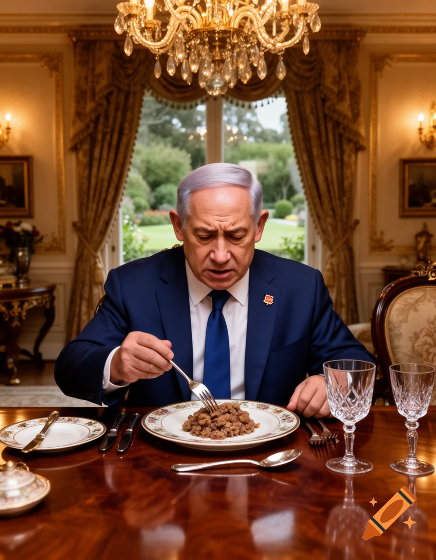 A photorealistic image of Benjamin Netanyahu, dressed in a suit, eating a lumpy brown meal at a luxurious dining table.
