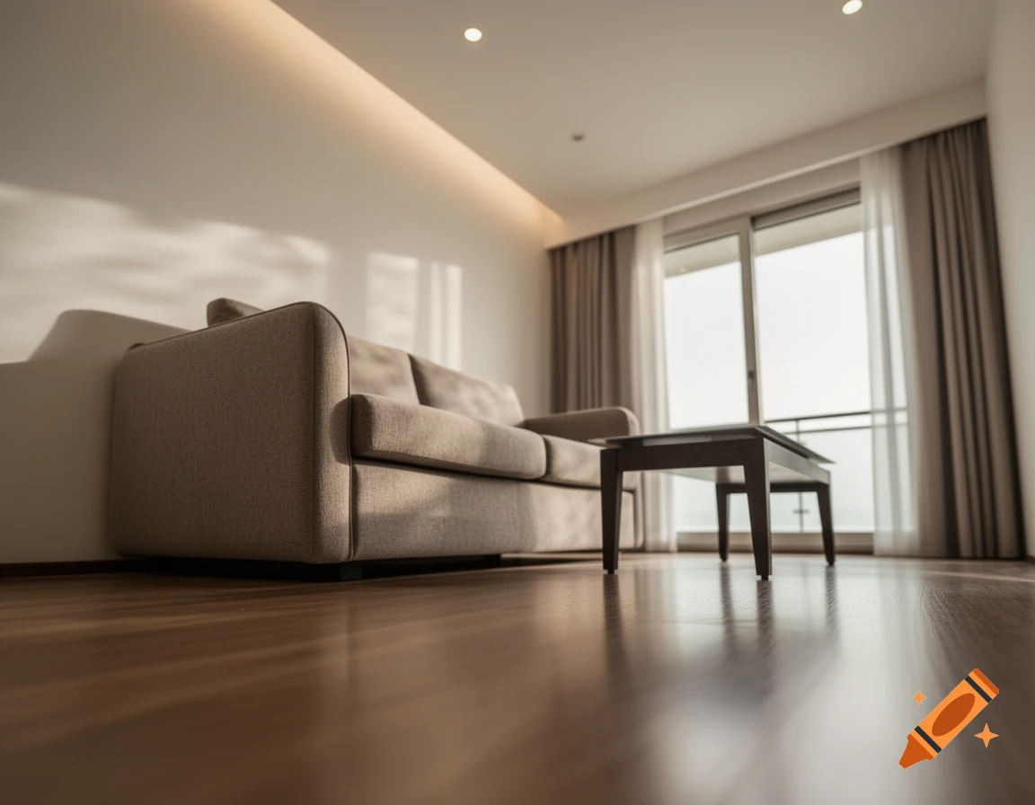 Photorealistic low-angle view of a hotel room with a beige sofa, coffee table, and large window with curtains, sunlight on the wooden floor.