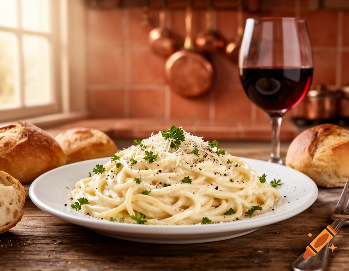 A photorealistic close-up of creamy pasta with parmesan cheese and parsley, served with bread rolls and red wine in a rustic kitchen.