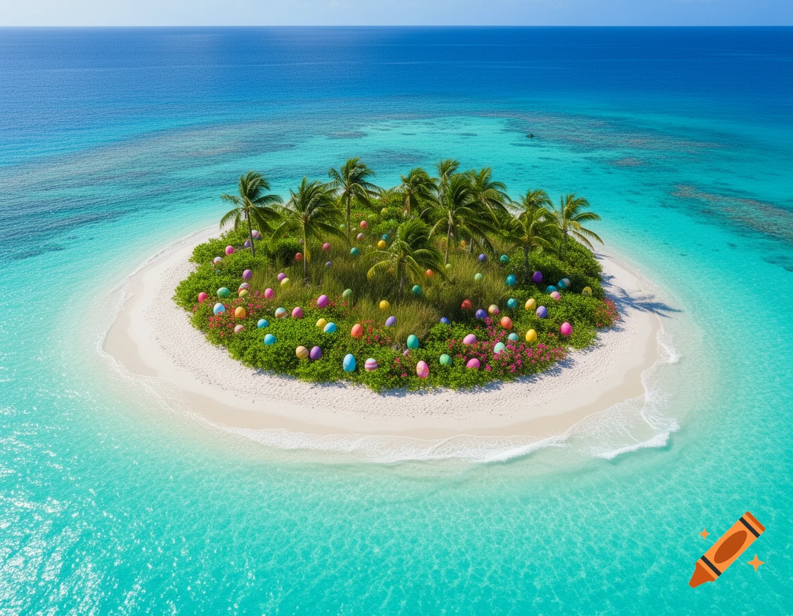 Aerial view of a small tropical island with white sand, palm trees, and colorful Easter eggs scattered in lush green foliage, surrounded by turquoise ocean.