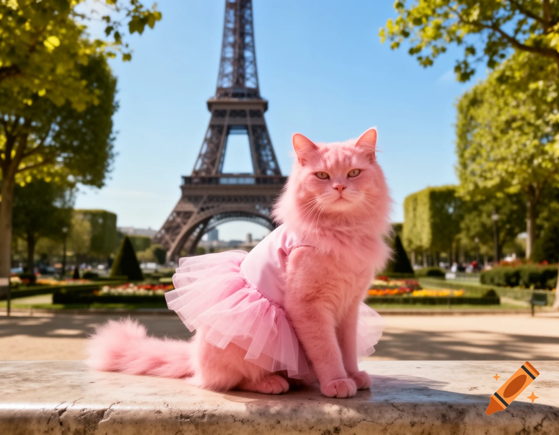 A fluffy pink cat in a pink tutu sits on a stone ledge with the Eiffel Tower and a park in the background on a sunny day.