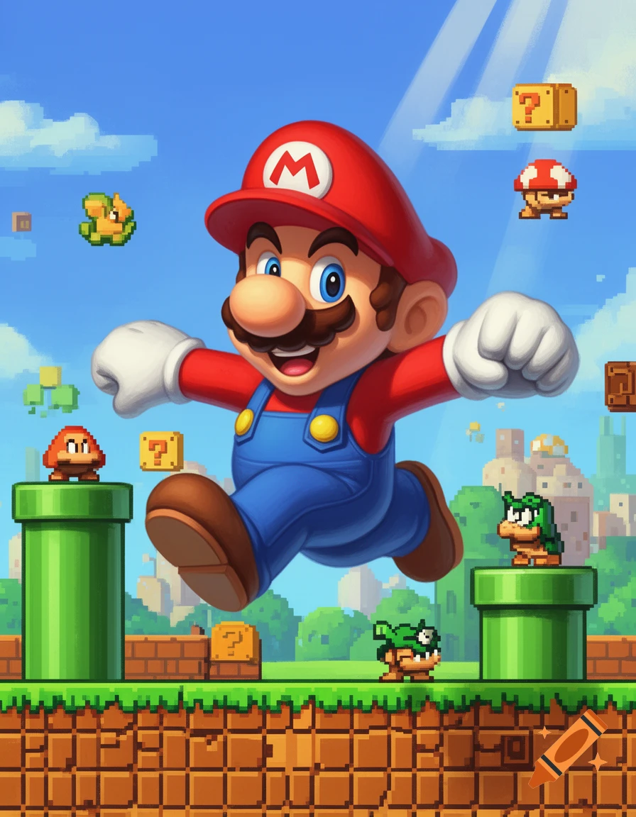 Stylized image of Super Mario jumping heroically in a vibrant, pixelated video game landscape with pipes, question blocks, and enemies.