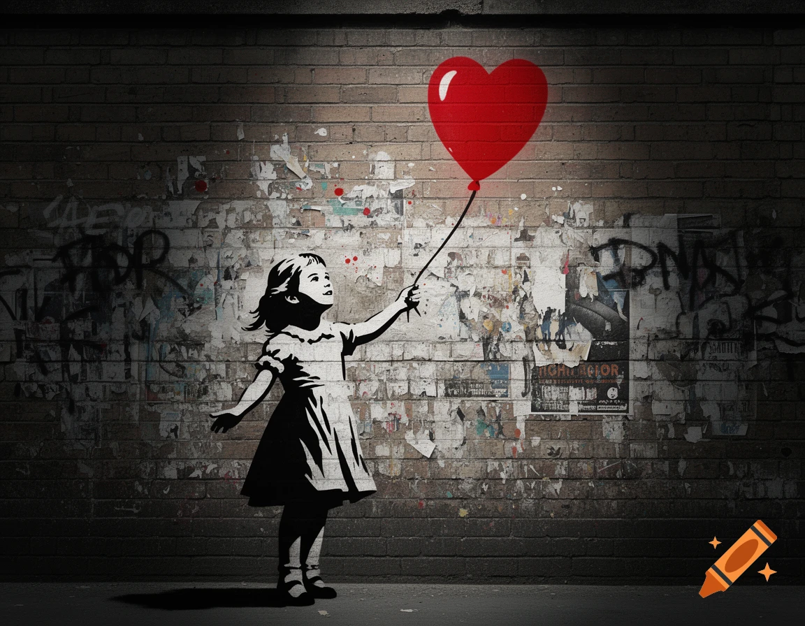 A Banksy-inspired stencil art of a small girl in a dress, looking up and holding a red heart-shaped balloon against a textured brick wall with torn posters and graffiti.