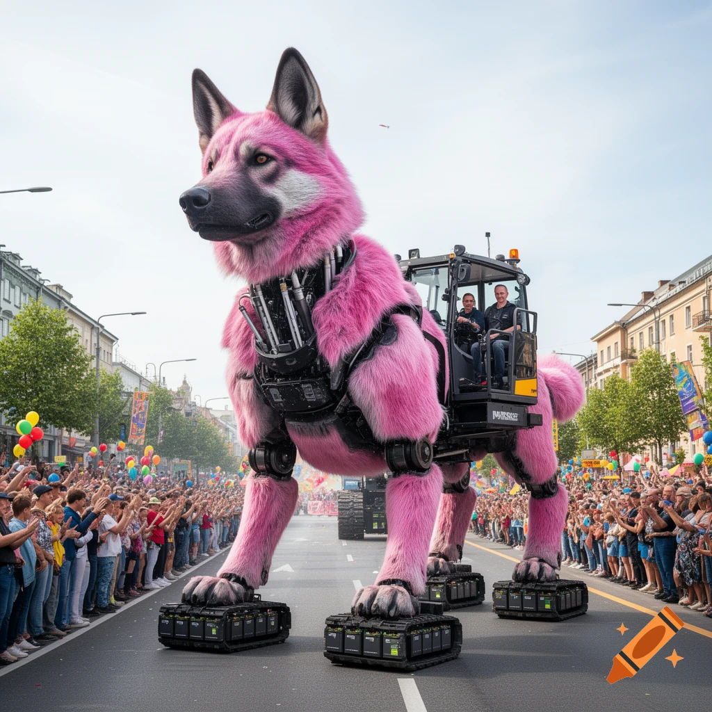 Giant pink fur-covered mechanical husky puppet with drivers in a cabin, on tracked feet, parades down a city street past cheering crowds.
