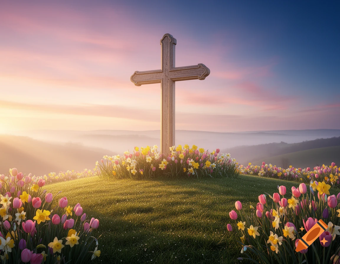 A wooden cross on a grassy hill covered in pink tulips and yellow daffodils, set against a vibrant sunrise sky.