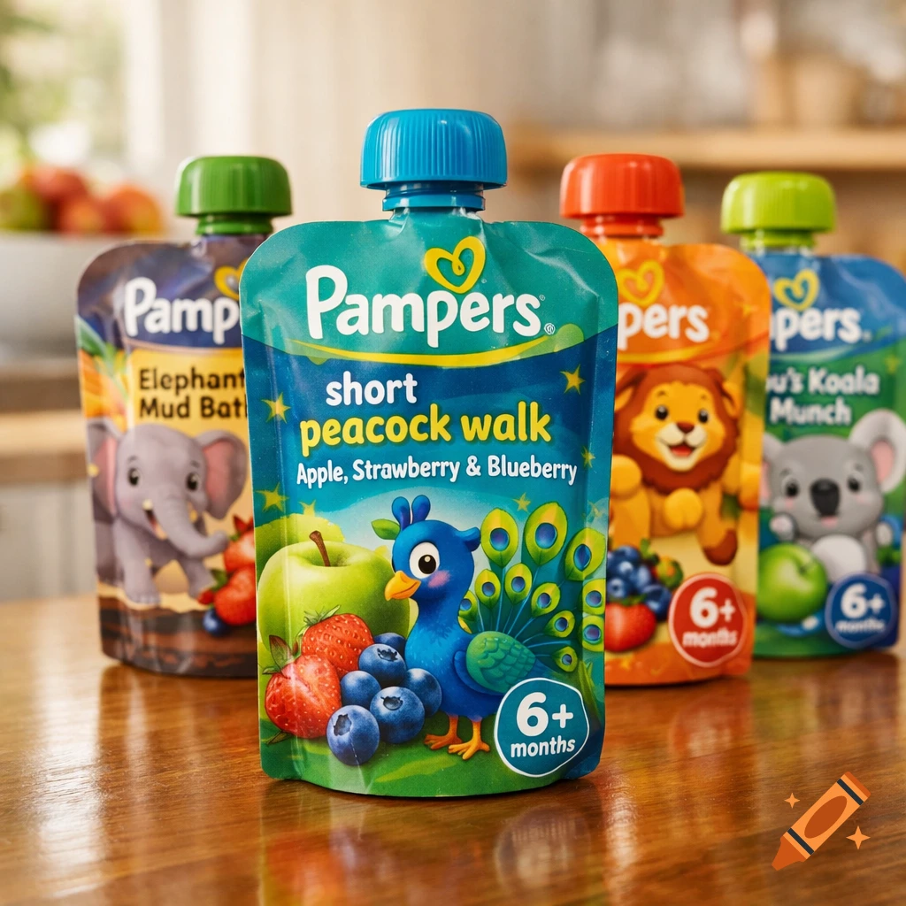 Four colorful Pampers baby food pouches with animal designs and fruit flavors sit on a wooden table.