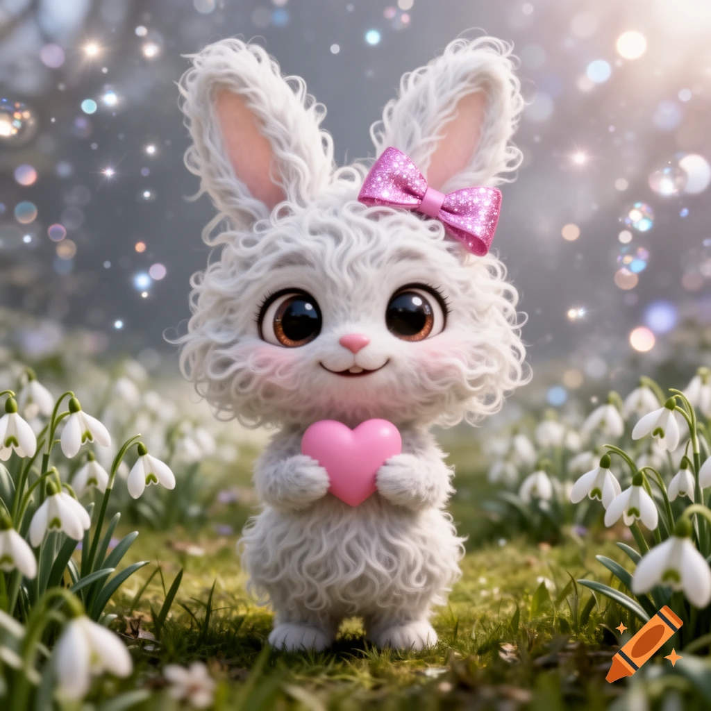 A fluffy white cartoon bunny with a pink bow holds a pink heart in a field of white snowdrops with sparkling lights.