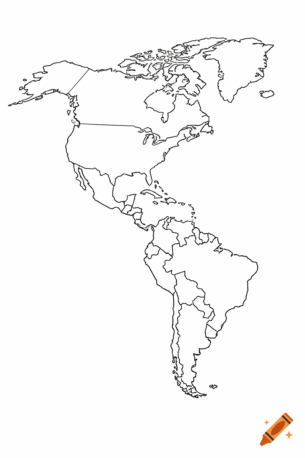 A black and white outline map of North and South America showing countries, in a coloring page style.
