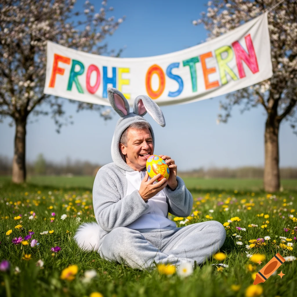 Man in a grey bunny costume sits in a vibrant spring field, licking a colorful Easter egg. A "Frohe Ostern" banner hangs between two flowering trees in the background.