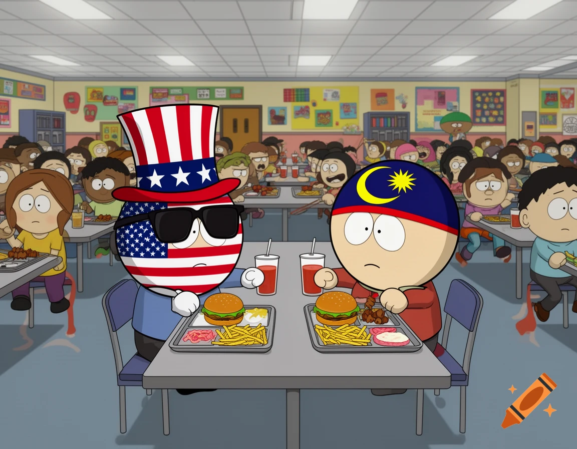 USA and Malaysia Countryballs in South Park style eating lunch in a school cafeteria.
