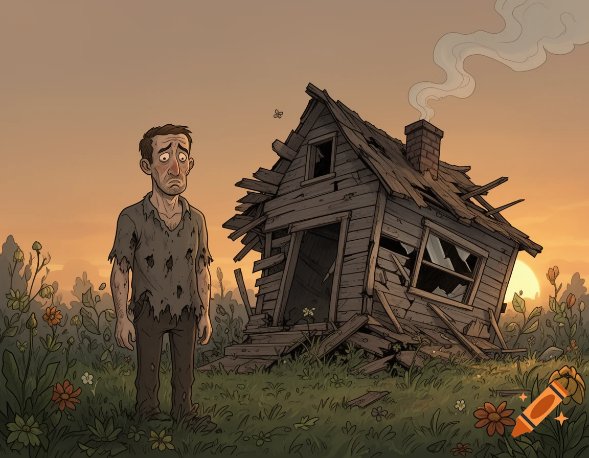 Cartoon illustration of a sad, tattered man standing in front of a dilapidated wooden house at sunset, surrounded by wildflowers.