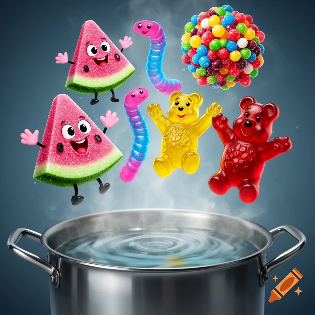 Anthropomorphic sour watermelon candies, gummy bears, gummy worms, and a nerds gummy cluster with faces and limbs, jump playfully into a steaming pot of water.