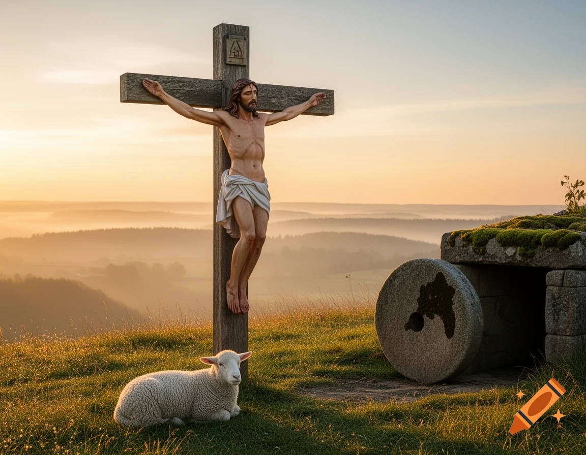 Photorealistic image of Jesus on the cross on a hill, with a lamb and an empty tomb at sunrise over a misty valley.