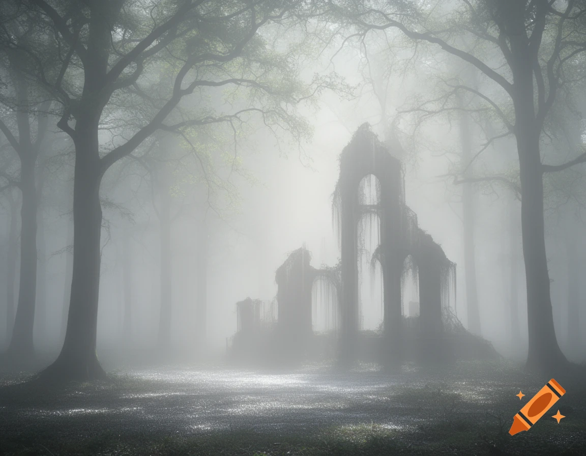 Ancient ruins covered in vines stand in a dense, misty forest, creating a dreamlike, ethereal scene.