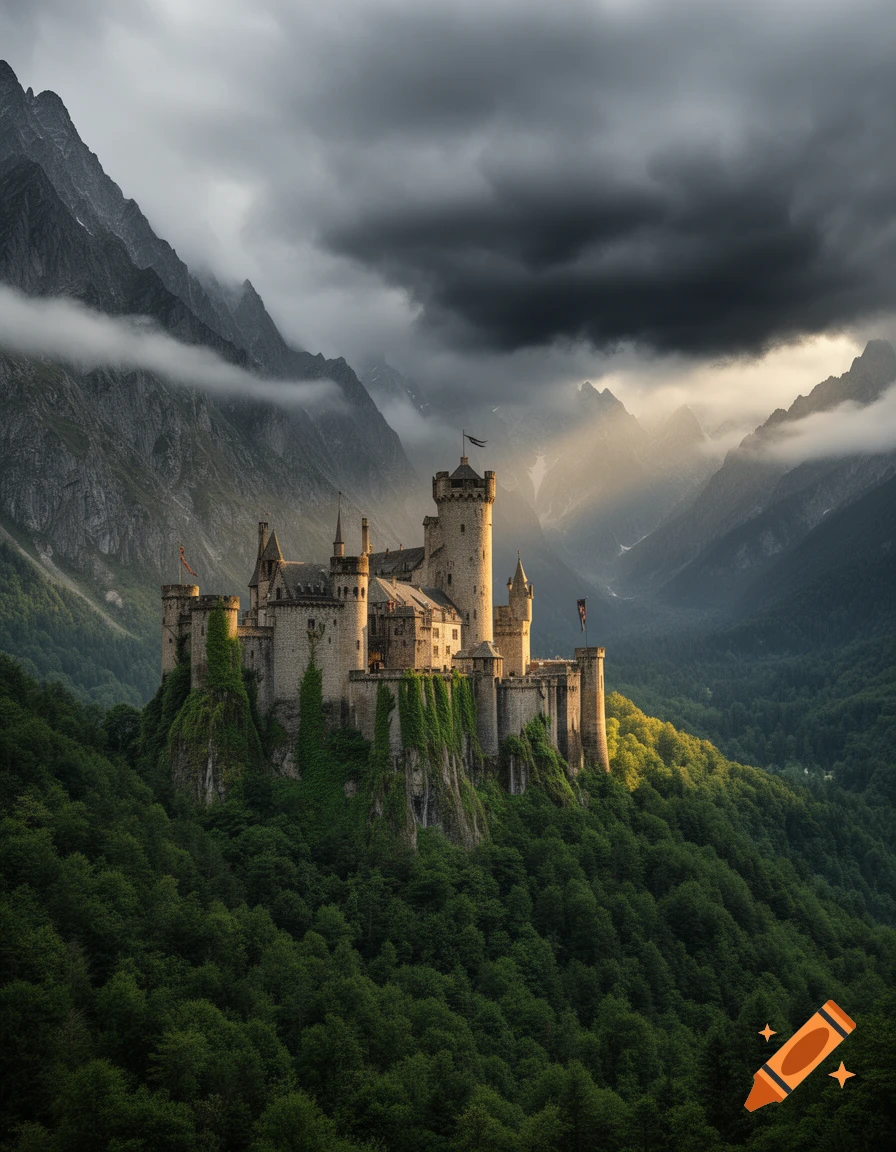 A majestic medieval castle with multiple towers sits atop a lush green ...