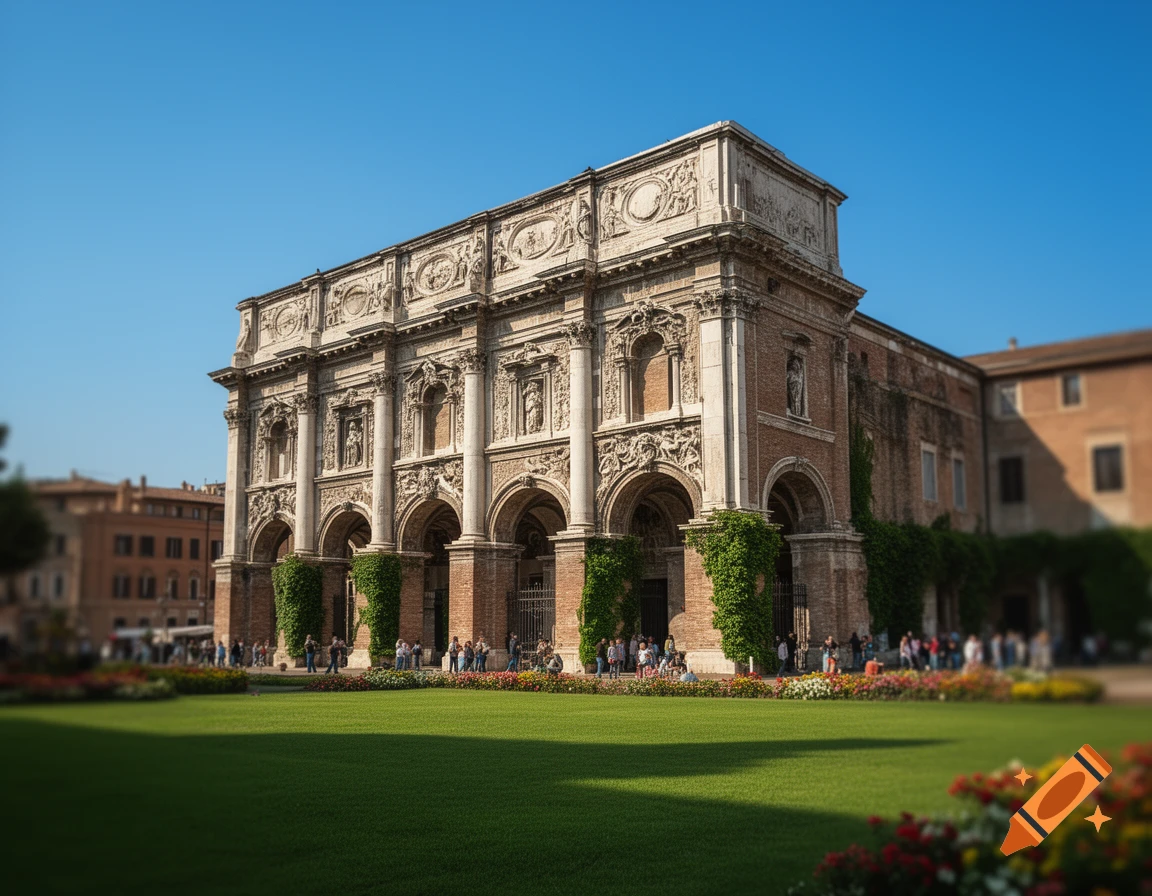 A grand historic building with multiple arches and intricate carvings, surrounded by green lawns and flowerbeds under a clear blue sky.
