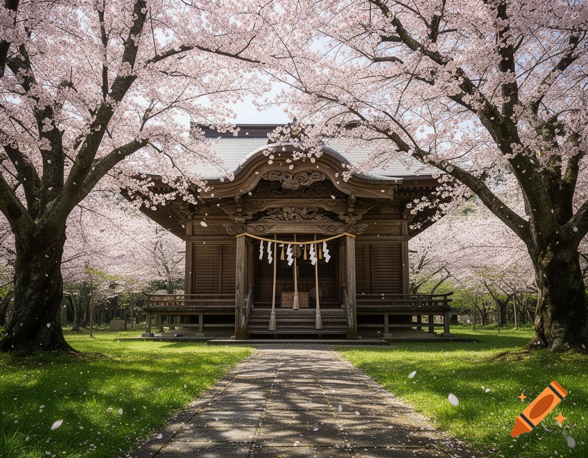 A photorealistic image of a traditional wooden Japanese shrine with cherry blossom trees framing a stone path leading to it.