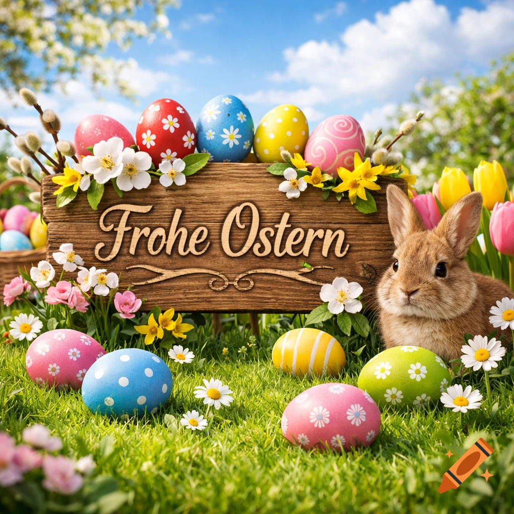 A wooden 'Frohe Ostern' sign, a brown bunny, and vibrant Easter eggs nestled among spring flowers in a sunny green field.