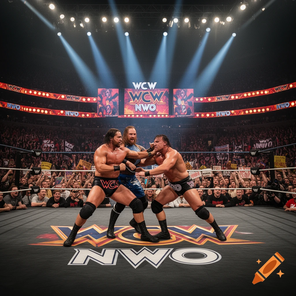 Three wrestlers in a crowded WCW NWO arena, two grappling in the foreground while one stands behind them.