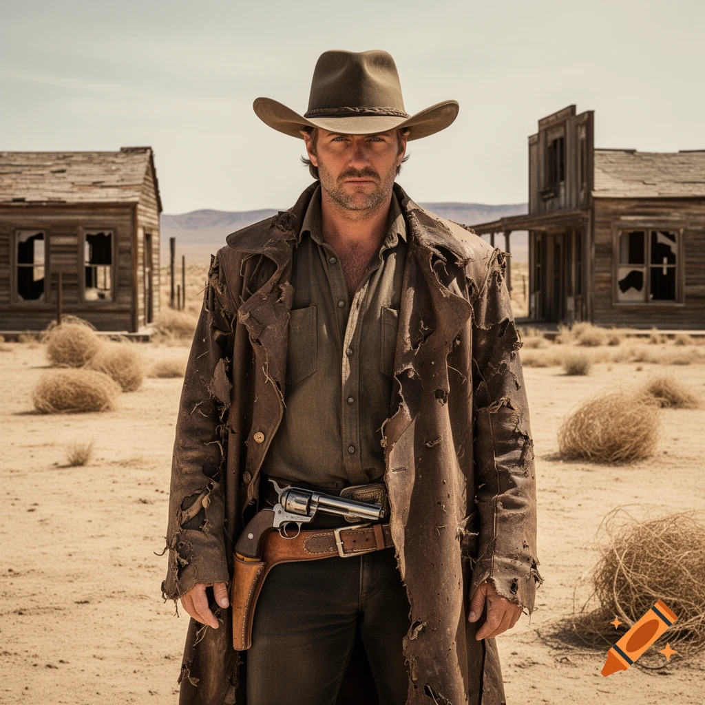 A rugged cowboy with a hat and a tattered coat stands in a dusty ghost town with tumbleweeds, a pistol on his hip.