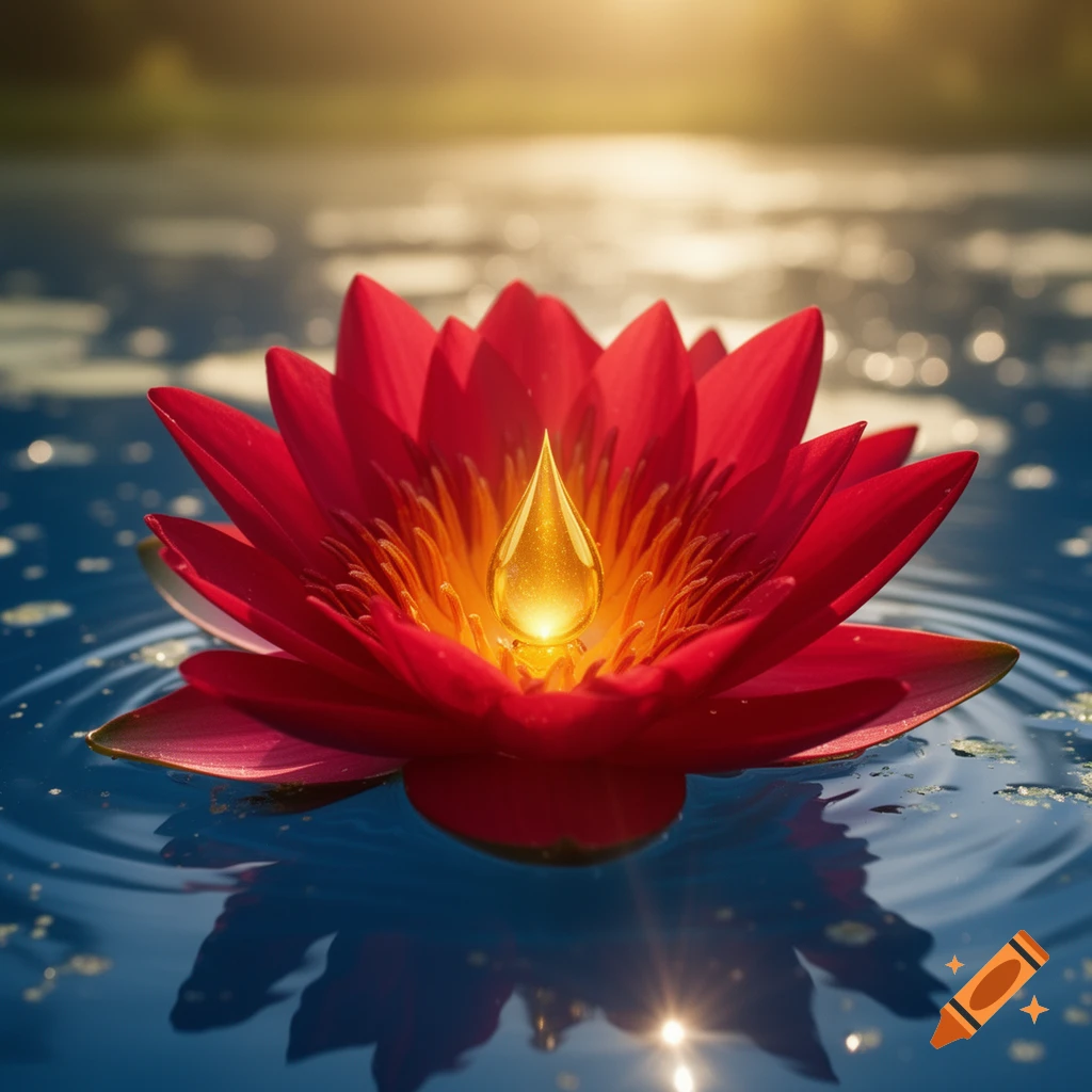 A vibrant red lotus flower with a glowing golden tear-shaped drop in its center floats on tranquil blue water under soft sunlight.