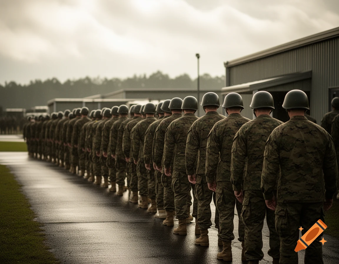 Long line of soldiers in camouflage uniforms and helmets stand in formation, seen from behind on wet ground under a cloudy sky.