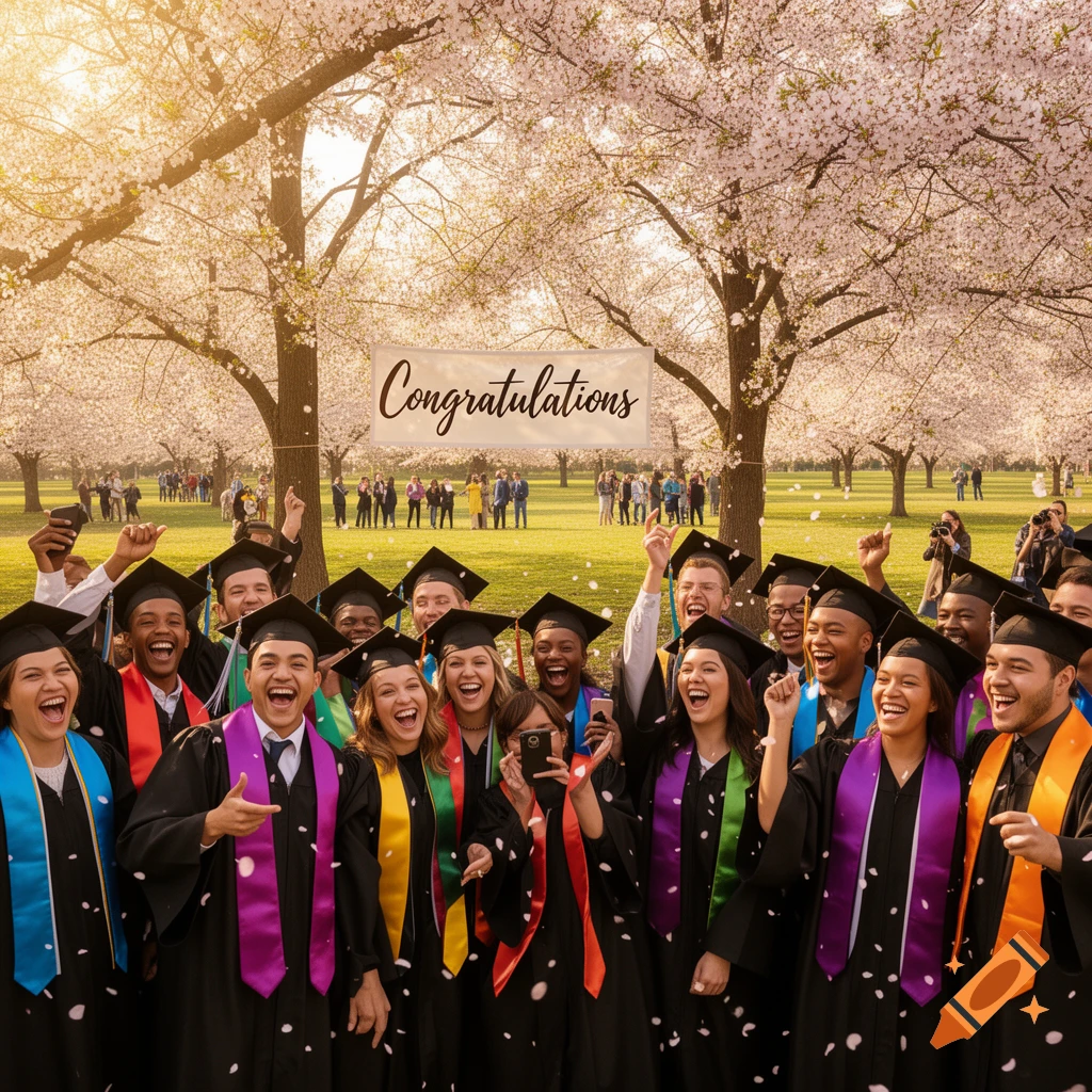 A group of diverse graduates in caps and gowns cheer joyfully under cherry blossom trees with a "Congratulations" banner.