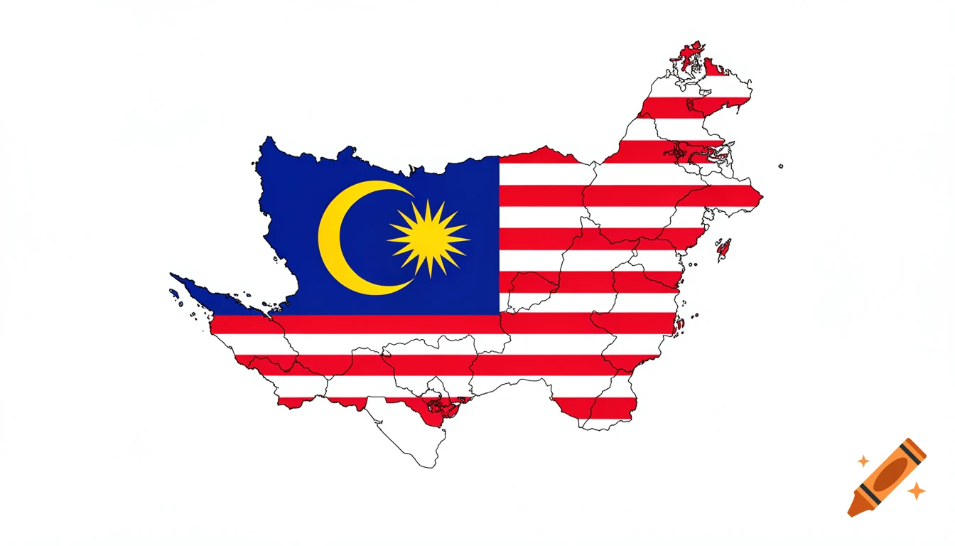 Map of Malaysia with its flag, featuring a blue field with a yellow crescent and 14-point star, and red and white stripes.