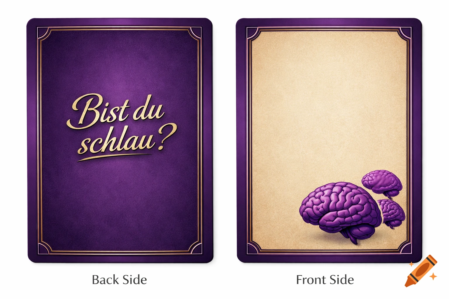 Two game cards: one purple with 'Bist du schlau?' text, the other beige with three purple brains.
