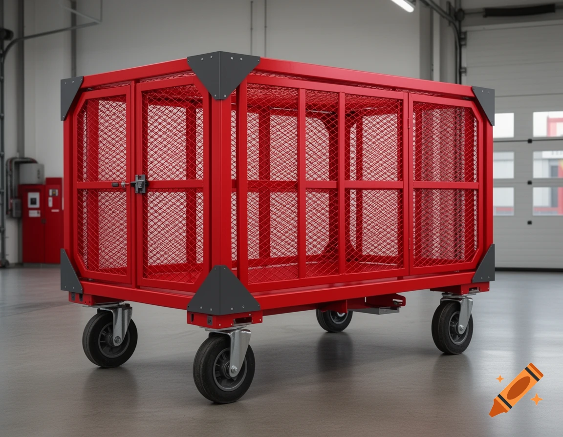 A red mesh cage on wheels with dark grey corner accents in a warehouse setting.