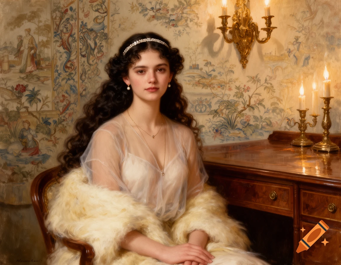 Painterly oil painting of a serene young woman with dark curly hair in a sheer blouse and fur stole, seated at a mahogany desk with candles, against chinoiserie wallpaper.