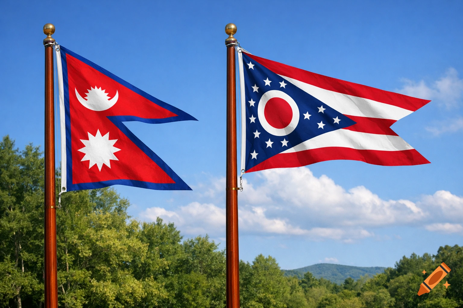 The national flag of Nepal and the state flag of Ohio waving on flagpoles against a blue sky with green trees.
