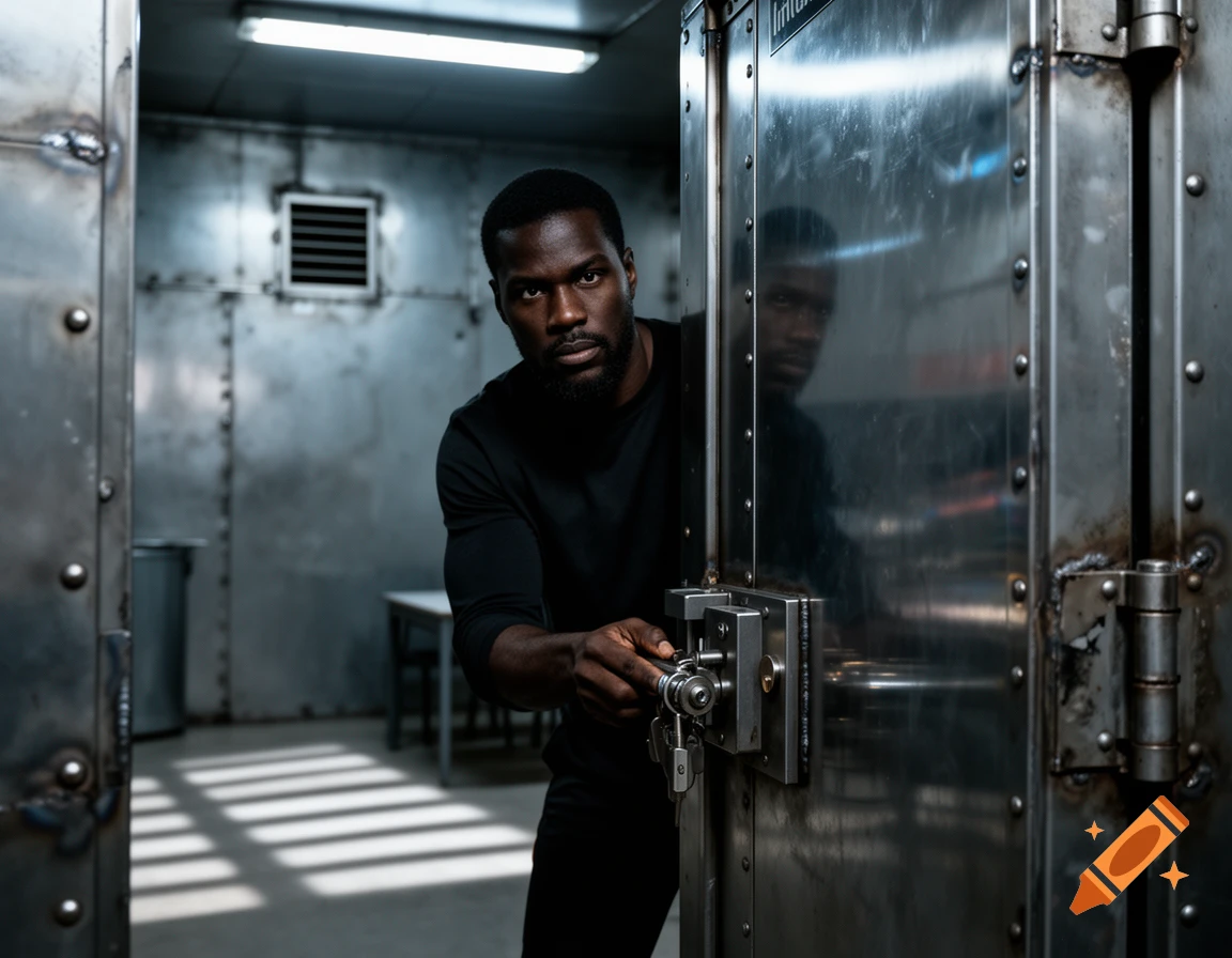 A Black man in a dark shirt peers from behind a heavy steel vault door, holding the locking mechanism in a dimly lit, riveted steel room.