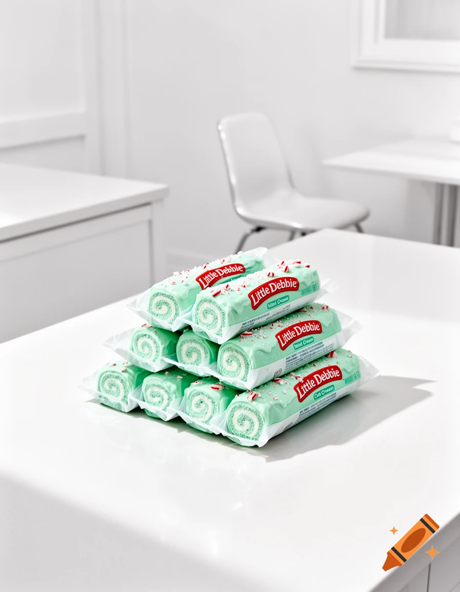 A pyramid stack of individually wrapped Little Debbie mint cream rolls on a white table in a bright, minimalist white room.