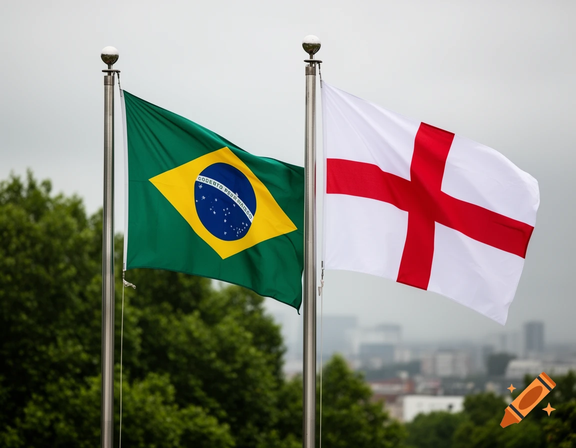 Brazilian and English flags flying on flagpoles against a cloudy sky with blurred city background.