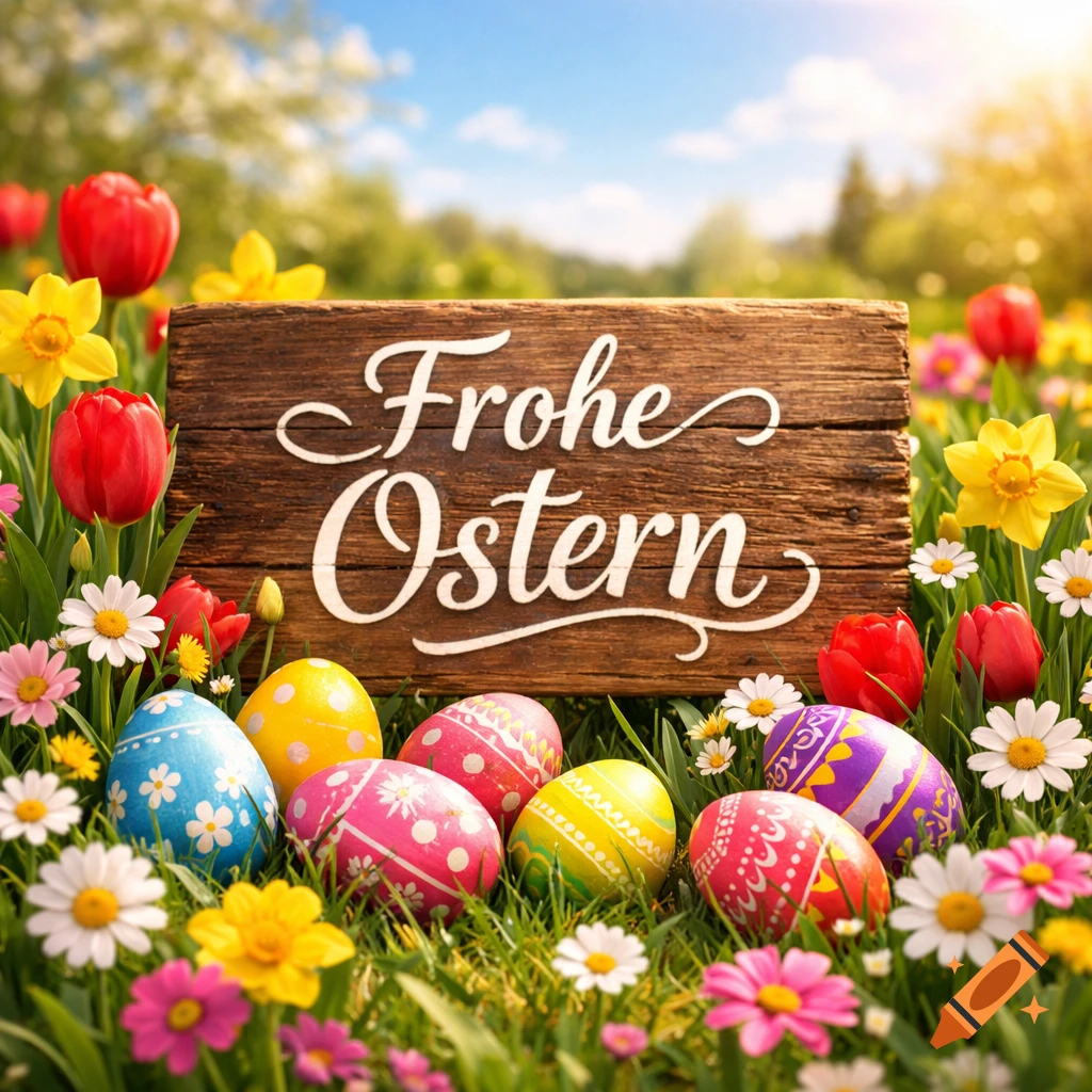 Colorful Easter eggs and spring flowers like tulips, daffodils, and daisies in a sunny field with a wooden sign saying 'Frohe Ostern'.