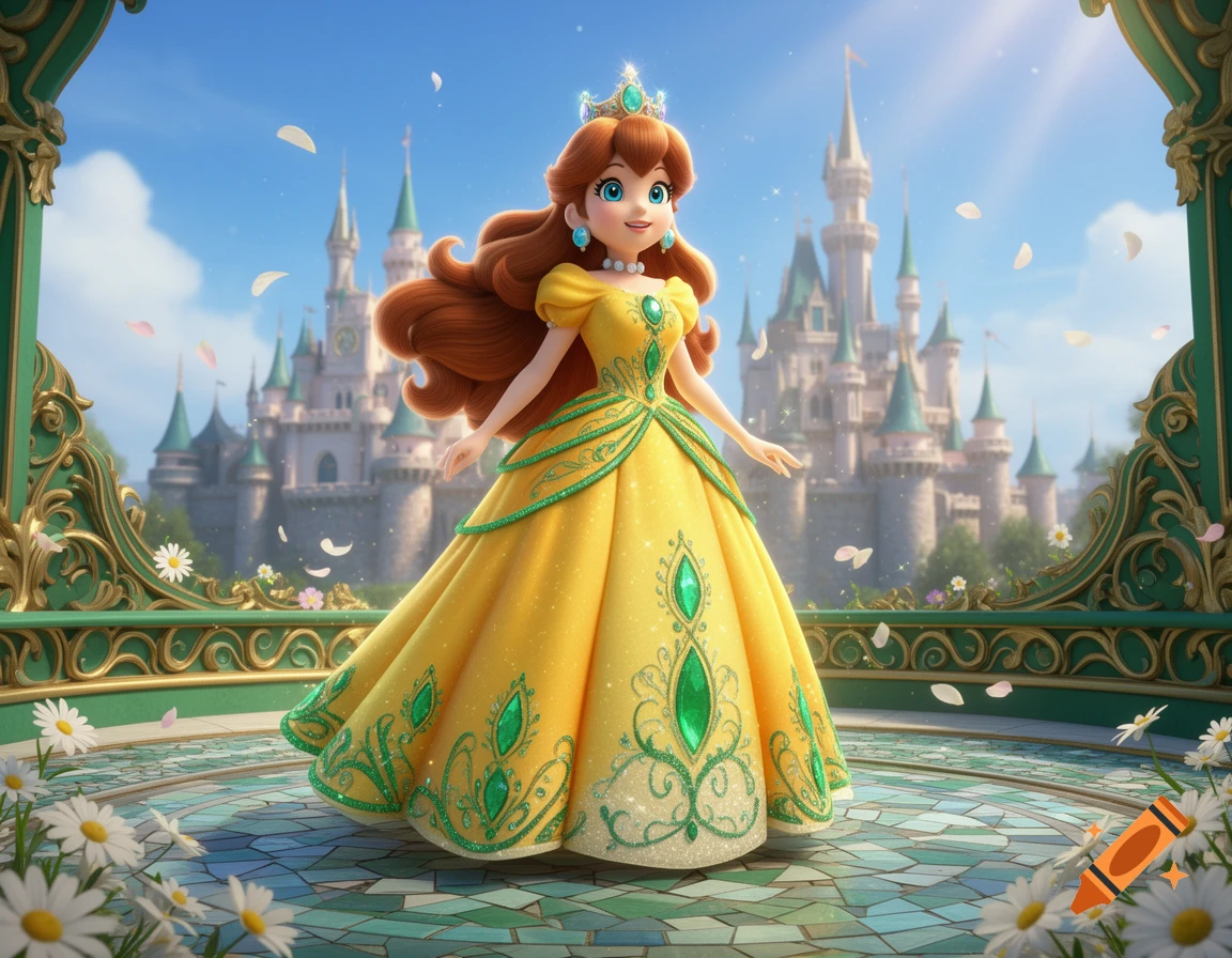 Vibrant 3D CGI of Princess Daisy in a yellow gown on a balcony overlooking a grand castle.