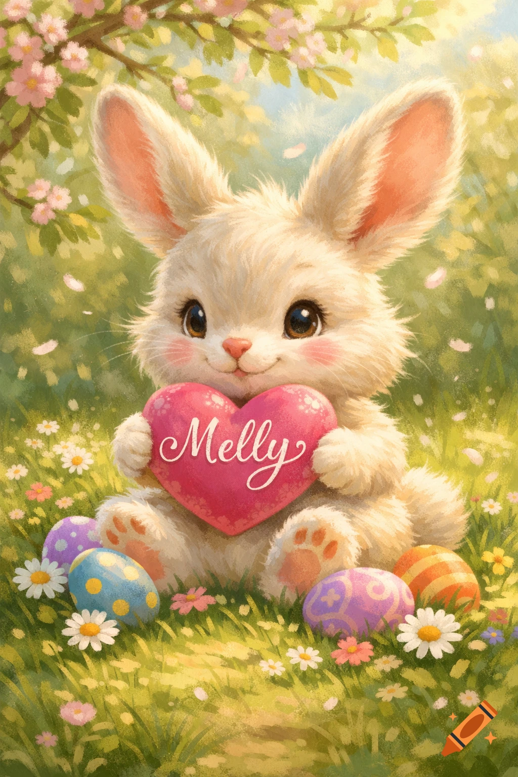 A fluffy white bunny holding a pink heart with "Melly" written on it, surrounded by colorful Easter eggs and spring flowers.