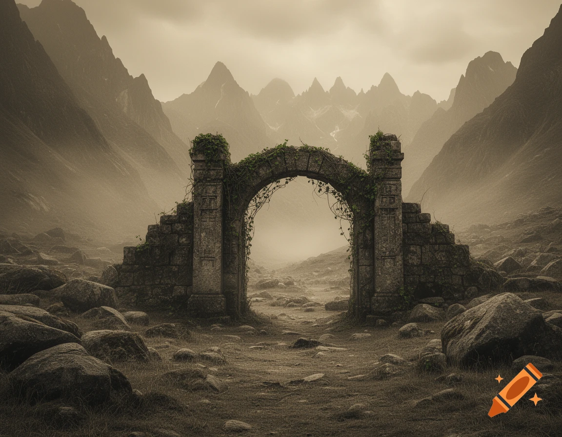 A sepia-toned image of an ancient stone archway, overgrown with vines ...