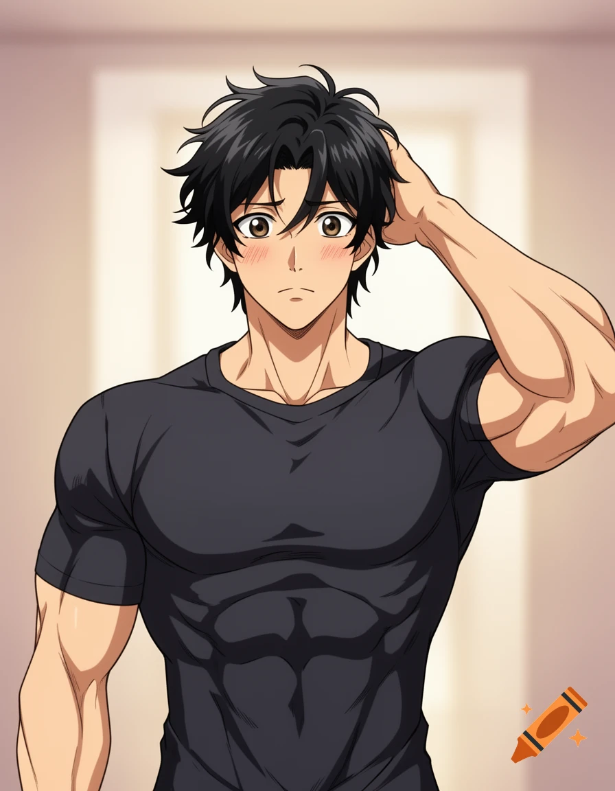 Anime style man with dark messy hair, muscular in a tight black t-shirt, scratching his head with a shy expression.