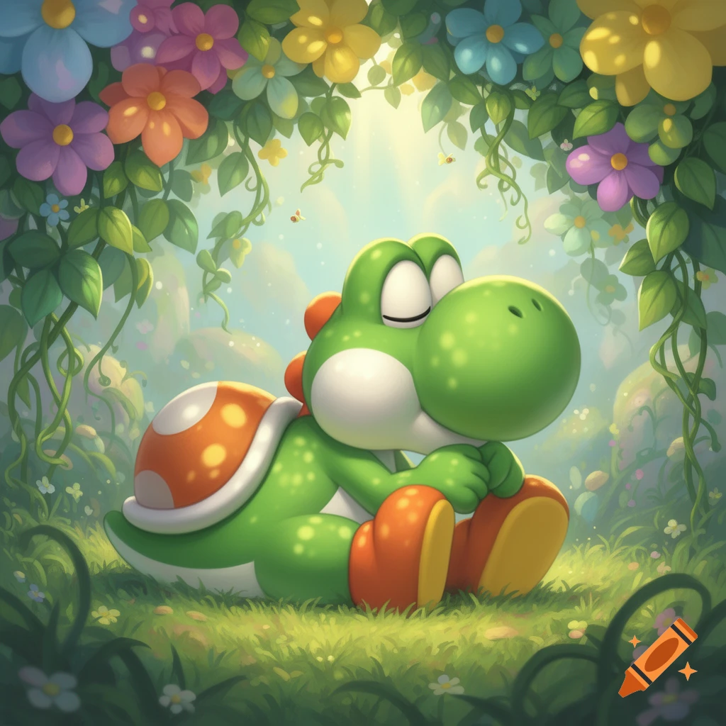 Cartoon Yoshi sleeping peacefully in a vibrant, sunlit fantasy garden with colorful flowers and vines.