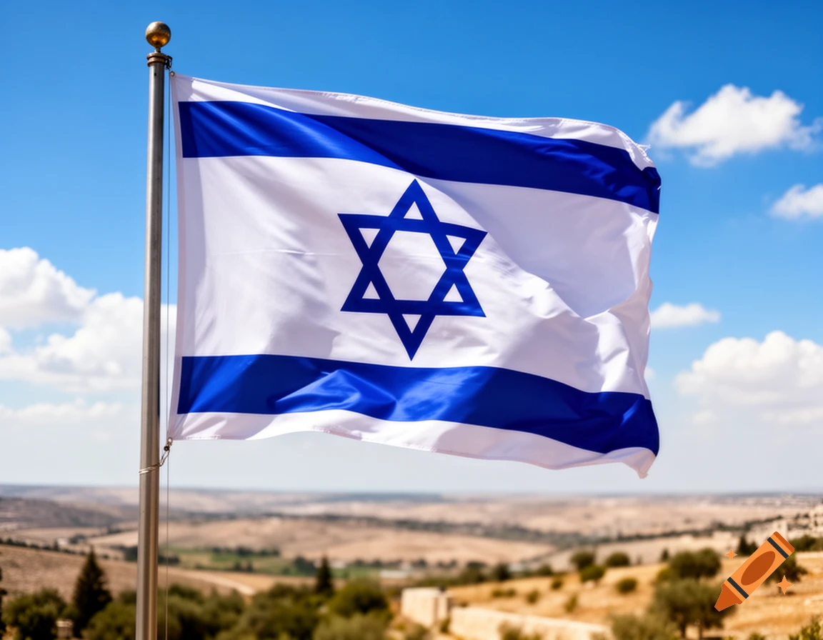 The flag of Israel waves on a flagpole against a blue sky with white clouds, overlooking a blurred desert landscape.
