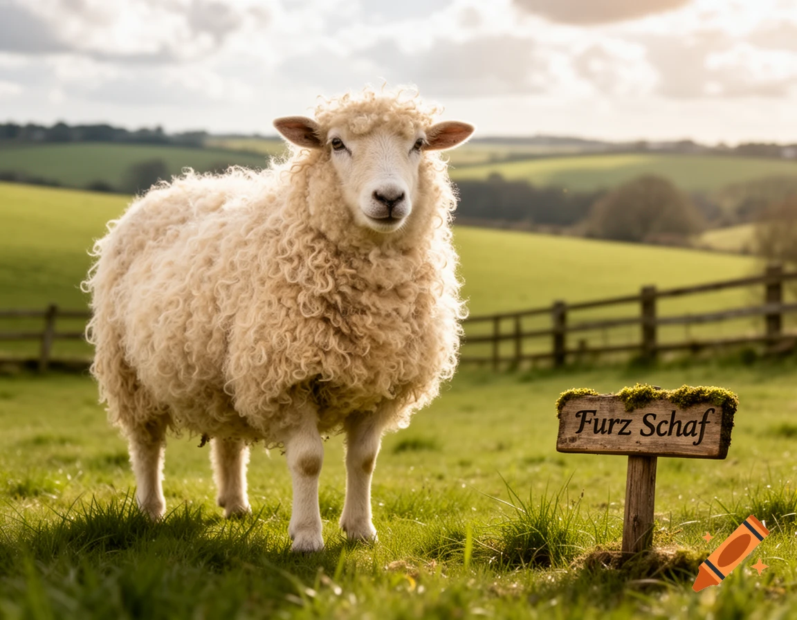 Photorealistic fluffy white sheep standing in a sunny green field with a wooden sign reading 'Furz Schaf'.