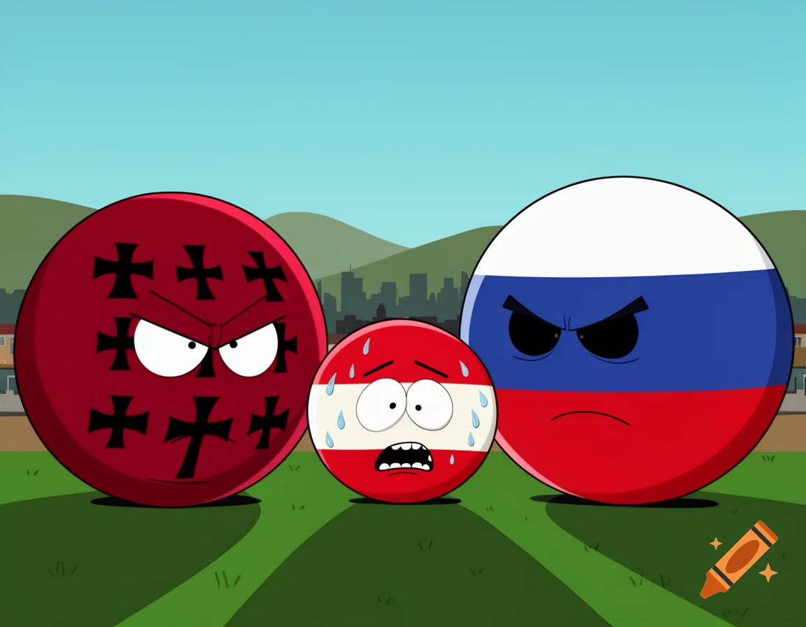 Three cartoon countryballs: a large angry red ball with black crosses, a small scared Austrian flag ball, and a large angry Russian flag ball, on a grassy field with a city skyline.