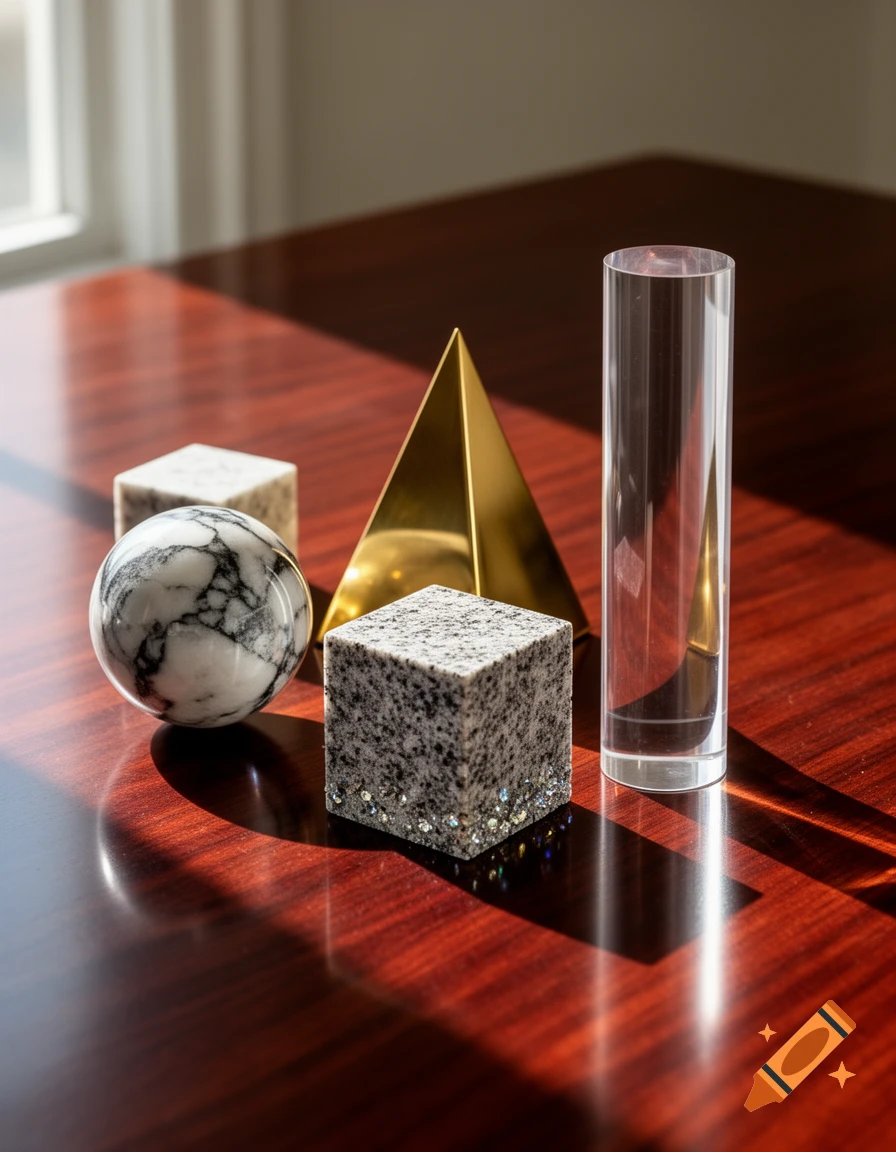 A still life of a marble sphere, granite cubes, a brass pyramid, and a clear cylinder on a glossy wooden table with sunlight and shadows.