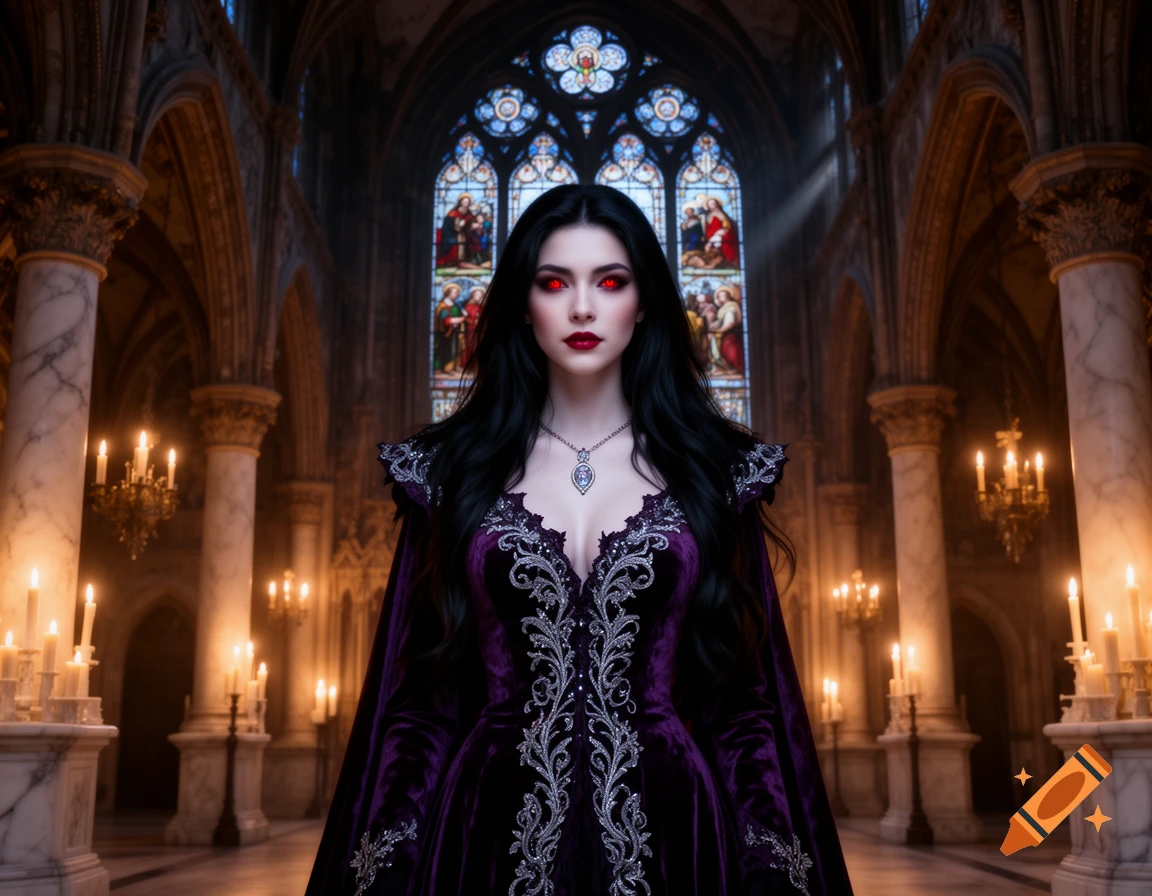 A pale woman with red eyes and long black hair in an ornate purple gown stands in a gothic cathedral with stained glass and candles.